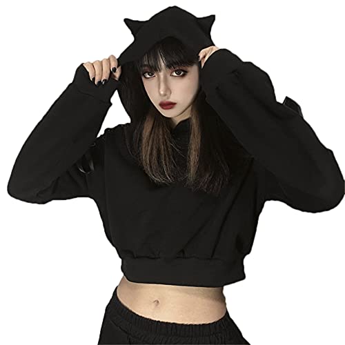 Women Cat Ear Hoodies Long Sleeve Off Shoulder Cute Crop Top Pullover Hoodie Sweatshirt
