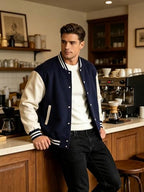 Men's Varsity Jacket Letterman Bomber Faux Leather Sleeve Casual