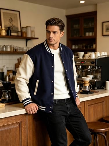 Men's Varsity Jacket Letterman Bomber Faux Leather Sleeve Casual