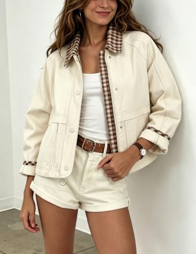 Aimiray Women's Barn Cropped Jacket Lightweight Vintage Plaid Bomber Coat