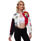 Womens Cropped Varsity Jacket Print Colorblock Bomber Jacket Casual Button Down Coat Lightweight Outwear with Pockets