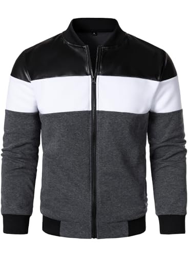 FANARCHER Mens Lightweight Bomber Jacket Casual Zipper Coat Color Block with Faux Leather Varsity Jacket