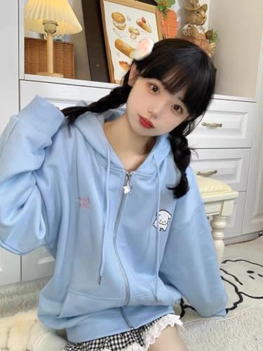Kawaii Zip Up Hoodie Women Cartoon Embroidery Oversized Harajuku Hooded Top