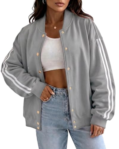 CHICME Women's Button Down Bomber Jackets Casual Long Sleeve Loose Jacket