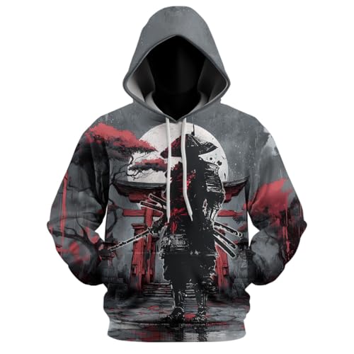 Japanese Warrior Graphic Hoodie for Men Novelty Print Pullover Sweatshirts Long Sleeve