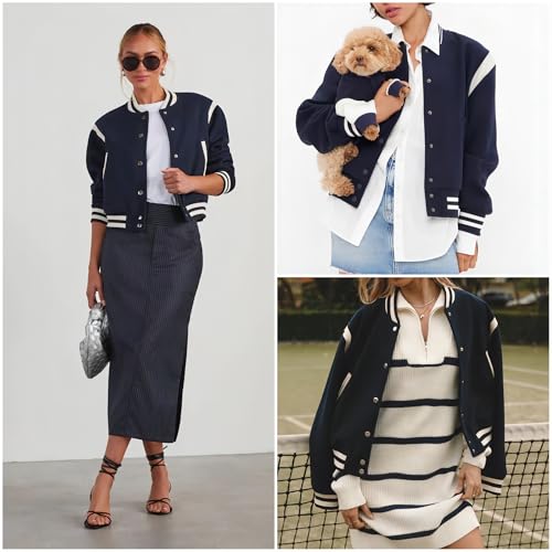 Zeagoo Bomber Jacket Women Varsity Casual Button Down Outfits with Pockets