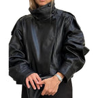 Molilove Women's Leather Jacket Casual Fall Zip Up Jacket Racer Varsity Jackets Biker Motor Coat Outwear