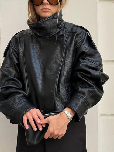 THLAI Black Jacket for Women Faux Leather Coat with Lychee Texture Stand-Up Collar & Long Sleeves Casual Outerwear