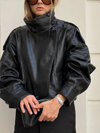 THLAI Black Jacket for Women Faux Leather Coat with Lychee Texture Stand-Up Collar & Long Sleeves Casual Outerwear