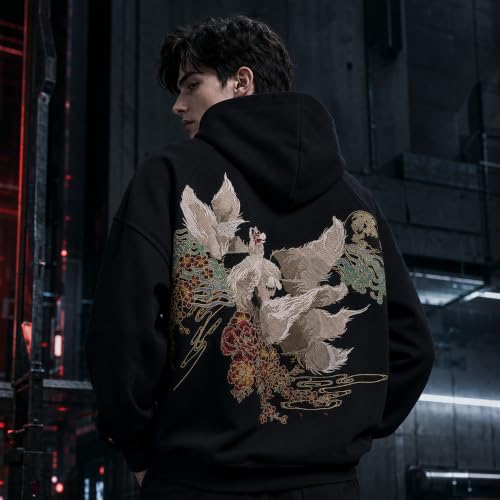 Men's Kitsune Embroidered Hoodie Japanese Streetwear Nine Tailed Fox