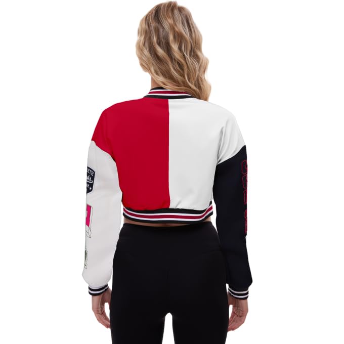 Womens Cropped Varsity Jacket Print Colorblock Bomber Jacket Casual Button Down Coat Lightweight Outwear with Pockets