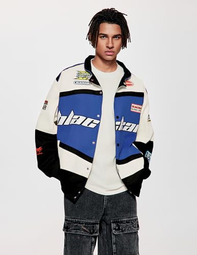 Vamtac Mens Varsity Baseball Jacket Bomber Cotton Vintage Racing Coats Streetwear with Pocket
