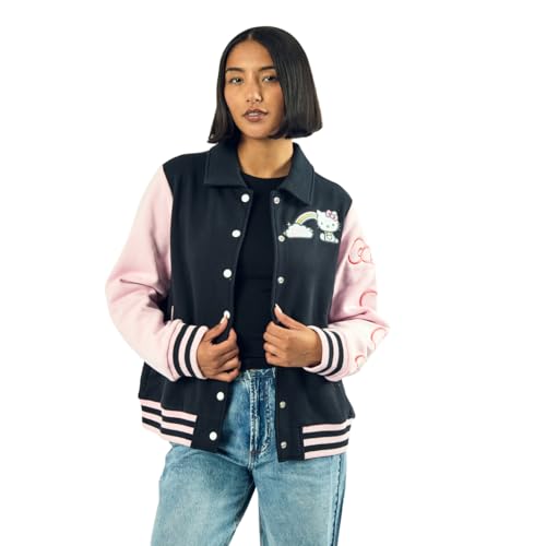 Bioworld Sanrio Hello Kitty Varsity Jacket Women's Embroidered Rainbow Patch Button Up