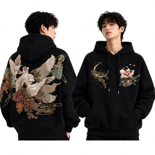Men's Kitsune Embroidered Hoodie Japanese Streetwear Nine Tailed Fox