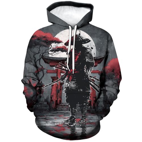 Japanese Warrior Graphic Hoodie for Men Novelty Print Pullover Sweatshirts Long Sleeve