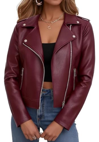 Ommiivex Women Leather Jacket Faux Cropped Coat Cute Short Zip Up for Casual Rock Concert Game Day Edgy Vintage Outfit