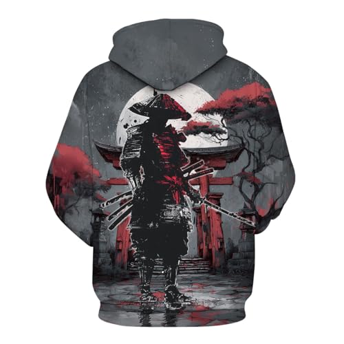 Japanese Warrior Graphic Hoodie for Men Novelty Print Pullover Sweatshirts Long Sleeve