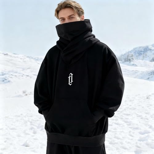 Men's Fleece Double Neckline Hoodie with Face Mask Techwear
