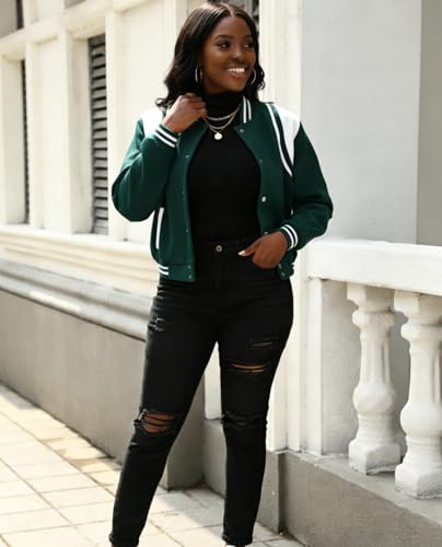 Fooullaide Womens Croped Bomber Long Sleeve Button Down Varsity Jacket
