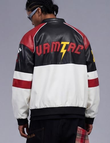 Vamtac Mens Racing Jackets Oversized Vintage Leather Bomber Jacket Baseball Racer Varsity Coats Streetwear