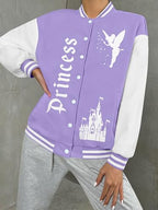 LUKYCILD Women Varsity Jacket Magic Kingdom Shirts Castle Graphic Tops Button Down Jacket Casual Holiday Coats