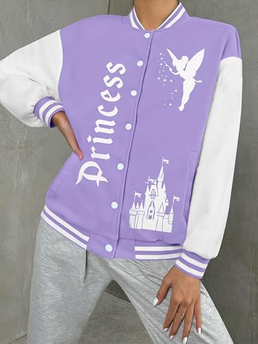 LUKYCILD Women Varsity Jacket Magic Kingdom Shirts Castle Graphic Tops Button Down Jacket Casual Holiday Coats