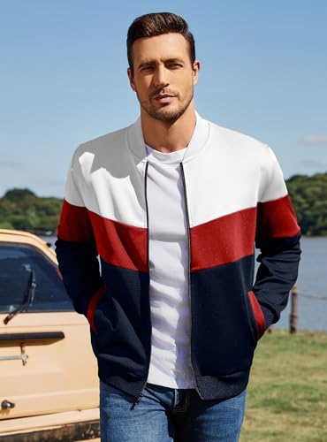 Men's Lightweight Varsity Jacket Color Block Stand Collar Coat
