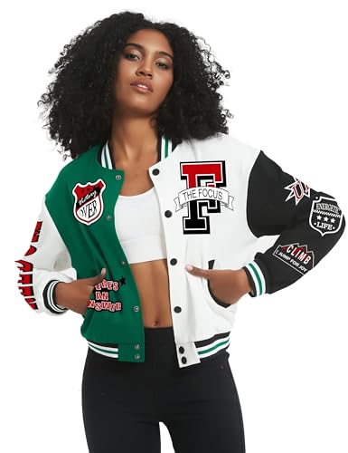 Flygo Womens Cropped Varsity Jacket Colorblock Baseball Streetwear
