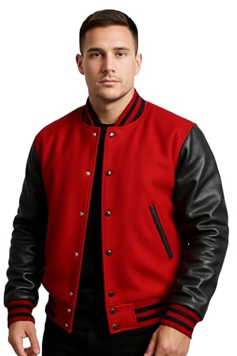 Men Varsity Jacket College Baseball Letterman Wool Jacket Leather Sleeves