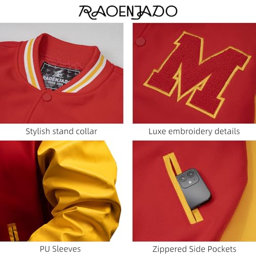 Varsity Letterman Bomber Jacket Red and Yellow PU Leather Sleeves