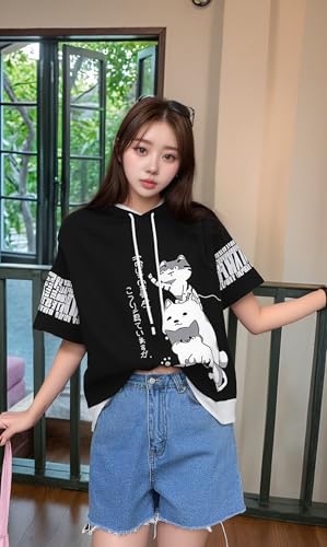 Men Women Y2K Hoodie T-Shirt, Japanese Kawaii Cute Anime Short Sleeve Aesthetic Top Tshirts Streetwear Summer