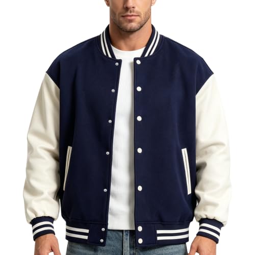 Men's Varsity Jacket Letterman Bomber Faux Leather Sleeve Casual