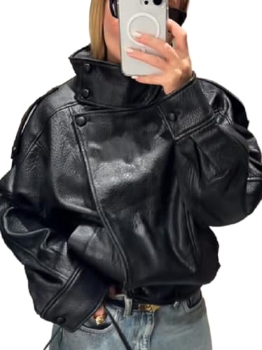 THLAI Black Jacket for Women Faux Leather Coat with Lychee Texture Stand-Up Collar & Long Sleeves Casual Outerwear