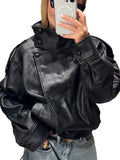 THLAI Black Jacket for Women Faux Leather Coat with Lychee Texture Stand-Up Collar & Long Sleeves Casual Outerwear