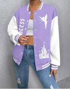 LUKYCILD Women Varsity Jacket Magic Kingdom Shirts Castle Graphic Tops Button Down Jacket Casual Holiday Coats