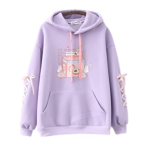 Kawaii Bunny Hoodie Teens Lolita Hooded Sweatshirt Casual Cute Lace Up Sleeve Cartoon Print Pullover Top (Purple)