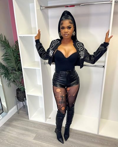 THLAI Women Varsity Jacket Button Down Cropped Faux Leather Jacket Letter Embroidery Jacket Short Baseball Outwear