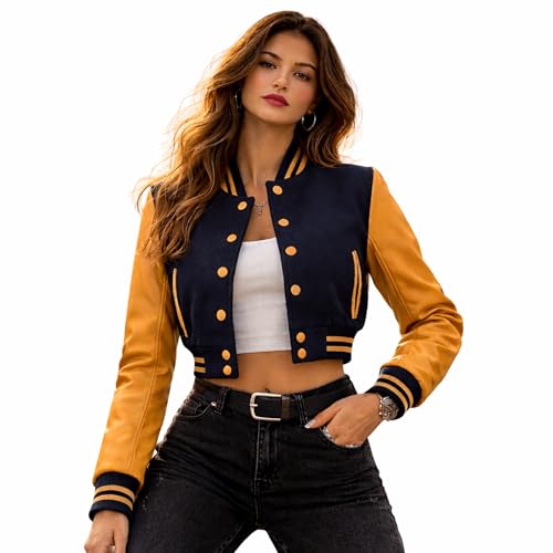 Cropped Varsity Jacket Women - Premium Quality Leather and Wool Baseball Letterman Jacket for Women's, Long Sleeve