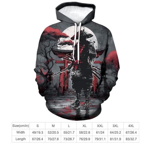 Japanese Warrior Graphic Hoodie for Men Novelty Print Pullover Sweatshirts Long Sleeve
