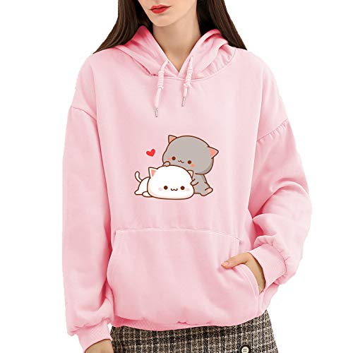 Women Kawaii Cartoon Cute Cat Graphic Casual Cotton Pullover Hoodies Sweatshirt
