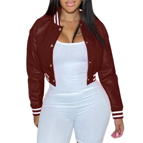 Xaspee Womens Faux Leather Varsity Jacket Cropped Baseball Bomber Jacket