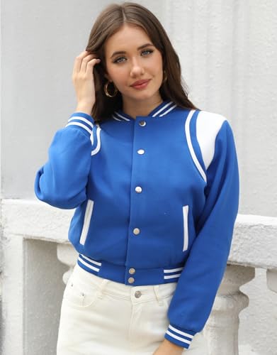 Womens Cropped Bomber Jacket Long Sleeve Button Varsity Outerwear