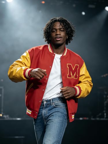 Varsity Letterman Bomber Jacket Red and Yellow PU Leather Sleeves