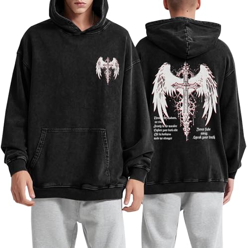 Vintage Streetwear Goth Hoodies for Men Grunge Punk Sweatshirt Gothic Cross Graphic Acid Wash Pullover Hoodie