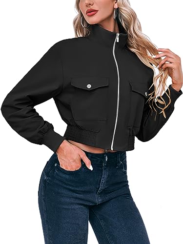 Fisoew Women's Cropped Bomber Jackets Lightweight Zip Up Short Coats