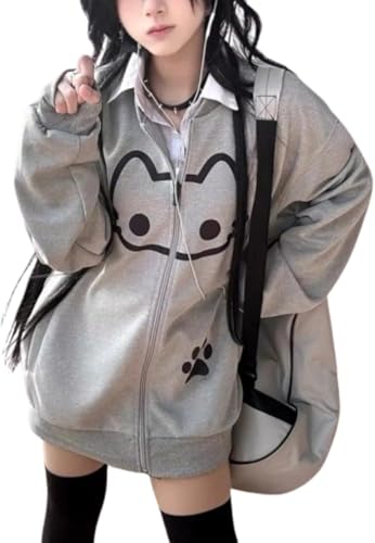 Y2K Cat Graphic Zip Up Hoodie Cutecore Hoodie Cat Print Jacket