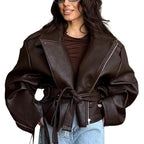 Mandonce Leather Jacket Zip up Oversized Motorcycle Cropped Jacket with Belt Y2K Streetwear Fall Winter Coats for Women 2026