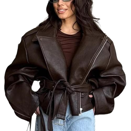 Mandonce Leather Jacket Zip up Oversized Motorcycle Cropped Jacket with Belt Y2K Streetwear Fall Winter Coats for Women 2026