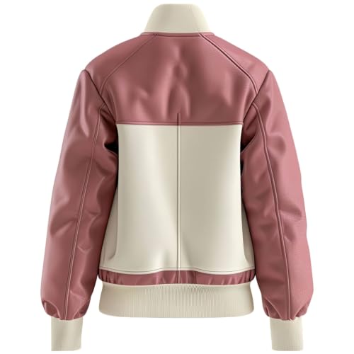 Women's Genuine Sheepskin Leather Jacket Cream Pink Color Block Baseball Bomber Coat Snap Buttons