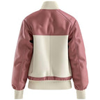 Women's Genuine Sheepskin Leather Jacket Cream Pink Color Block Baseball Bomber Coat Snap Buttons